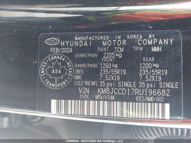 12599544 :رقم المزاد ، KM8JCCD17RU196682 vin ، 2024 Hyundai Tucson Sel Convenience مزاد بيع