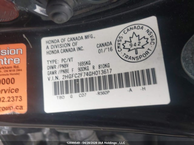 Aukcja sprzedaży 2016 Honda Civic Sedan, vin: 2HGFC2F74GH013617, numer aukcji: 12599549
