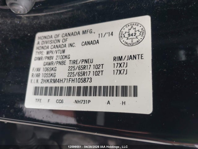 Продаж на аукціоні авто 2015 Honda Cr-v Exl, vin: 2HKRM4H71FH105873, номер лоту: 12599551
