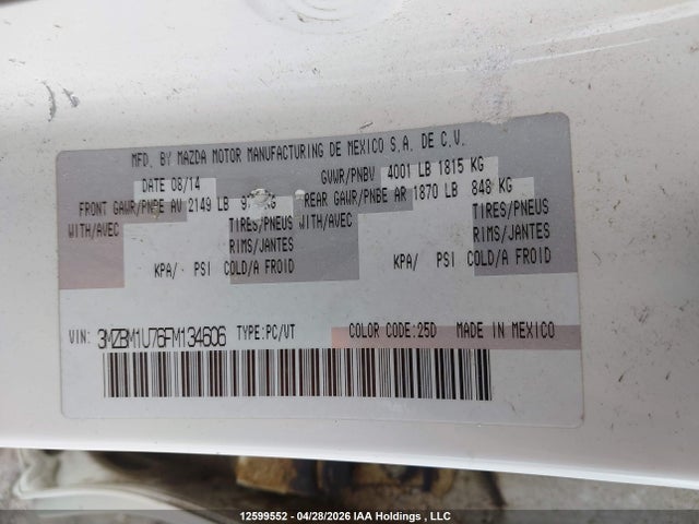 3MZBM1U76FM134606 Mazda Mazda3 Gx