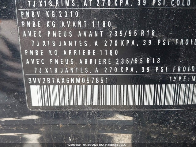 Продажа на аукционе авто 2022 Volkswagen Tiguan Se, vin: 3VV2B7AX6NM057851, номер лота: 12599559