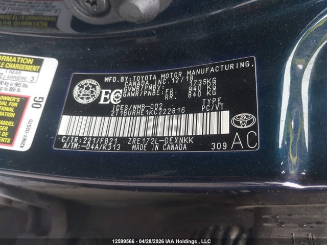 2019 Toyota Corolla მანქანა იყიდება აუქციონზე, vin: 2T1BURHE1KC222816, აუქციონის ნომერი: 12599566