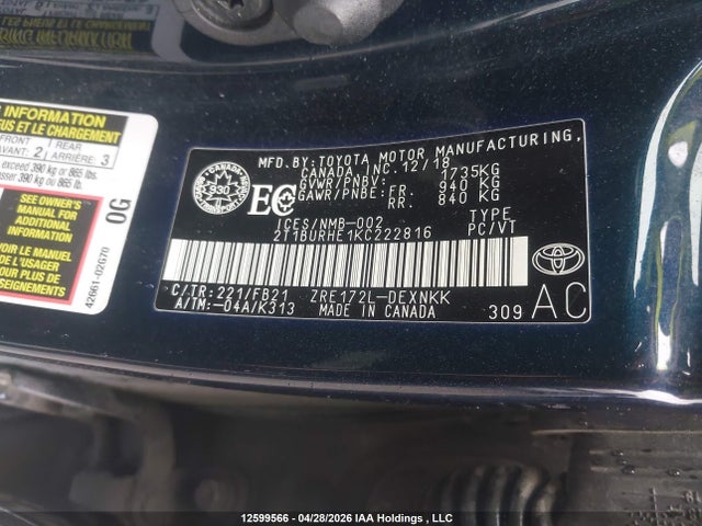 2019 Toyota Corolla მანქანა იყიდება აუქციონზე, vin: 2T1BURHE1KC222816, აუქციონის ნომერი: 12599566