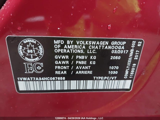 Aukcja sprzedaży 2017 Volkswagen Passat S, vin: 1VWAT7A34HC067656, numer aukcji: 12599574
