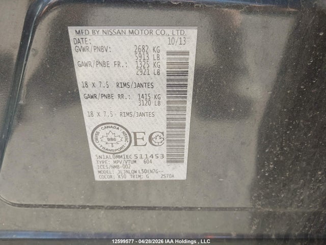 2014 Infiniti Qx60 მანქანა იყიდება აუქციონზე, vin: 5N1AL0MM1EC511453, აუქციონის ნომერი: 12599577