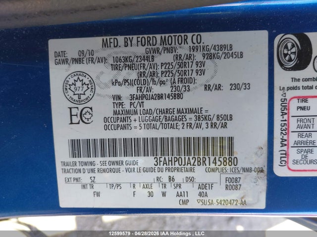 Продажа на аукционе авто 2011 Ford Fusion Sel, vin: 3FAHP0JA2BR145880, номер лота: 12599579