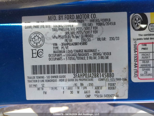 Продажа на аукционе авто 2011 Ford Fusion Sel, vin: 3FAHP0JA2BR145880, номер лота: 12599579