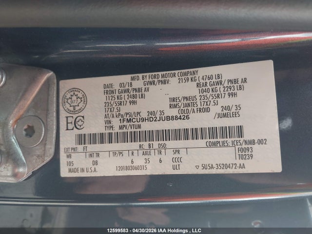 12599583 :رقم المزاد ، 1FMCU9HD2JUB88426 vin ، 2018 Ford Escape Sel مزاد بيع