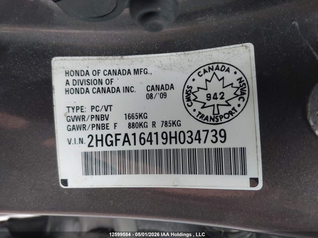 Auction sale of the 2009 Honda Civic Dx-g, vin: 2HGFA16419H034739, lot number: 12599584