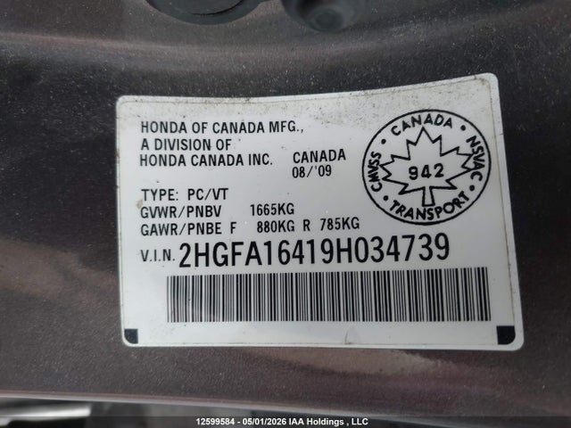 Auction sale of the 2009 Honda Civic Dx-g, vin: 2HGFA16419H034739, lot number: 12599584