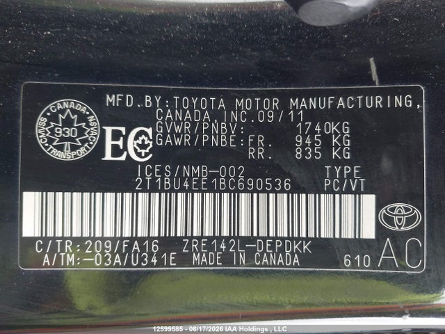 12599585 :رقم المزاد ، 2T1BU4EE1BC690536 vin ، 2011 Toyota Corolla S/le مزاد بيع