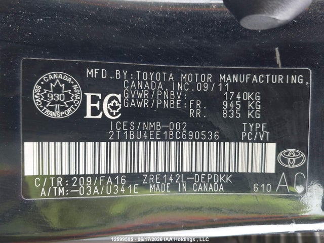 12599585 :رقم المزاد ، 2T1BU4EE1BC690536 vin ، 2011 Toyota Corolla S/le مزاد بيع