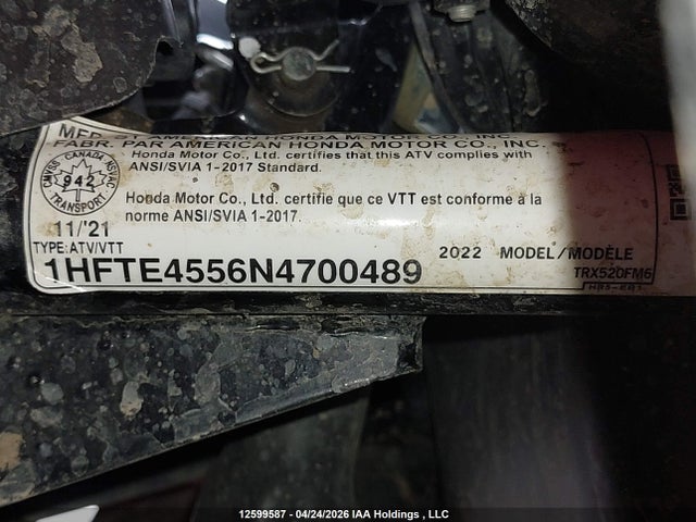 2022 Honda Trx520 Fm მანქანა იყიდება აუქციონზე, vin: 1HFTE4556N4700489, აუქციონის ნომერი: 12599587
