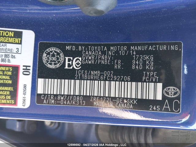 12599592 :رقم المزاد ، 2T1BURHE6FC292706 vin ، 2015 Toyota Corolla L/le/le Pls/prm/s/s Pls مزاد بيع