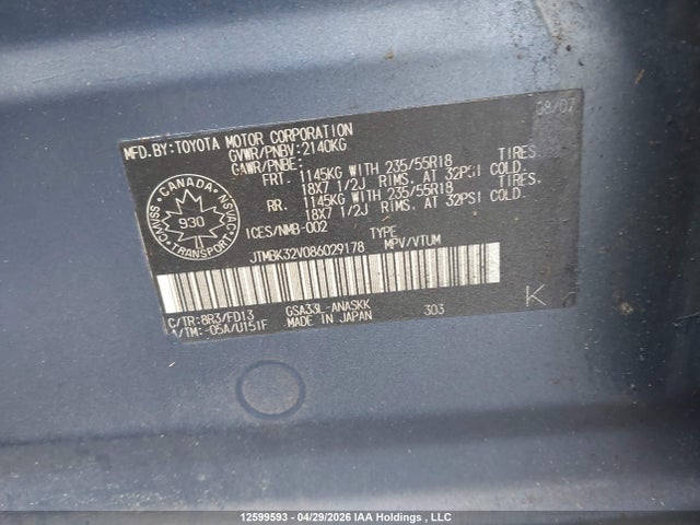 12599593 :رقم المزاد ، JTMBK32V086029178 vin ، 2008 Toyota Rav4 Sport مزاد بيع