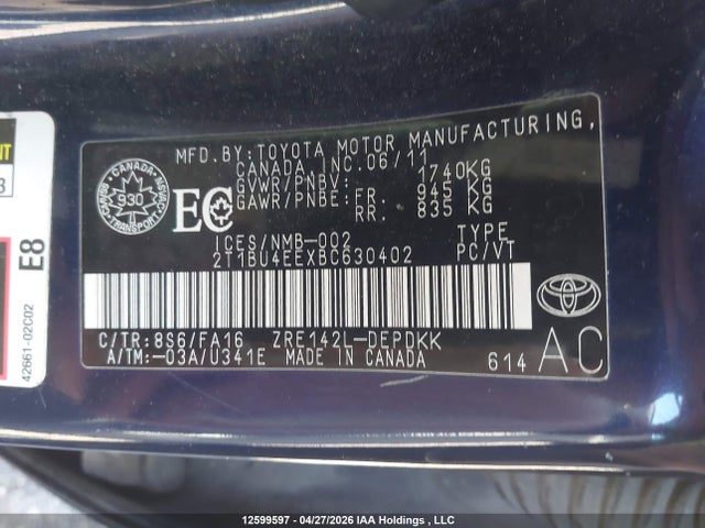 12599597 :رقم المزاد ، 2T1BU4EEXBC630402 vin ، 2011 Toyota Corolla Ce مزاد بيع
