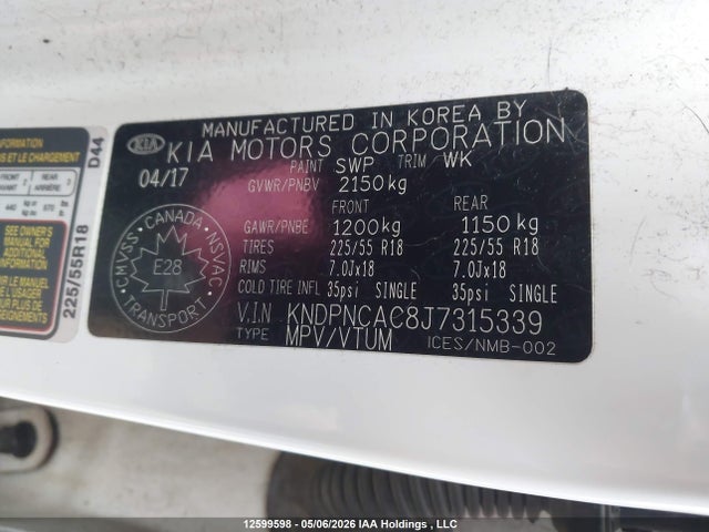 Продажа на аукционе авто 2018 Kia Sportage, vin: KNDPNCAC8J7315339, номер лота: 12599598