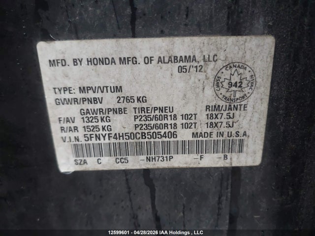 Aukcja sprzedaży 2012 Honda Pilot Ex-l, vin: 5FNYF4H50CB505406, numer aukcji: 12599601