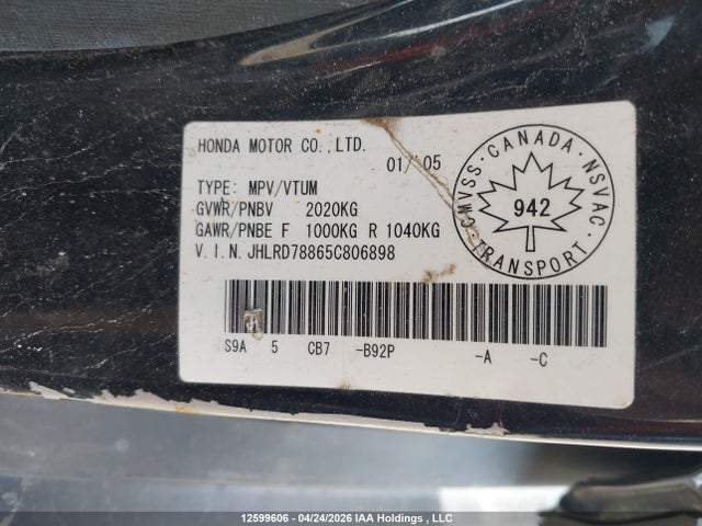 Aukcja sprzedaży 2005 Honda Cr-v Ex, vin: JHLRD78865C806898, numer aukcji: 12599606