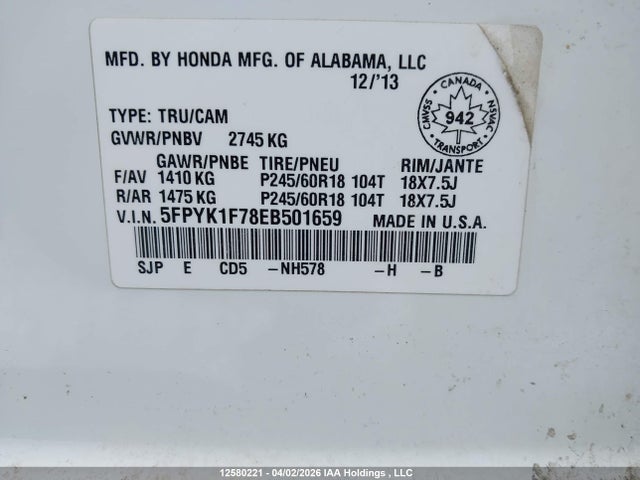 Продажа на аукционе авто 2014 Honda Ridgeline Sport, vin: 5FPYK1F78EB501659, номер лота: 12580221
