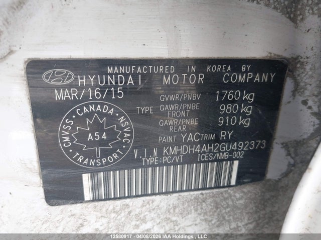 KMHDH4AH2GU492373 Hyundai Elantra Gls