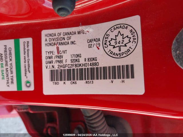 12599609 :رقم المزاد ، 2HGFC2F80KH014880 vin ، 2019 Honda Civic Sport مزاد بيع