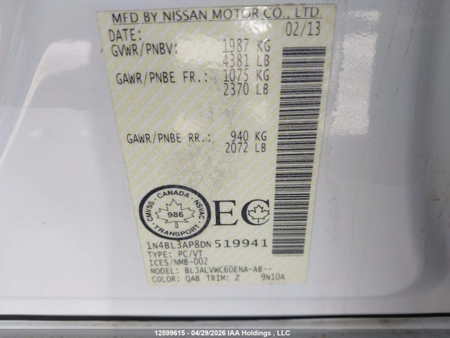 Aukcja sprzedaży 2013 Nissan Altima 3.5 Sl/3.5 Sv, vin: 1N4BL3AP8DN519941, numer aukcji: 12599615
