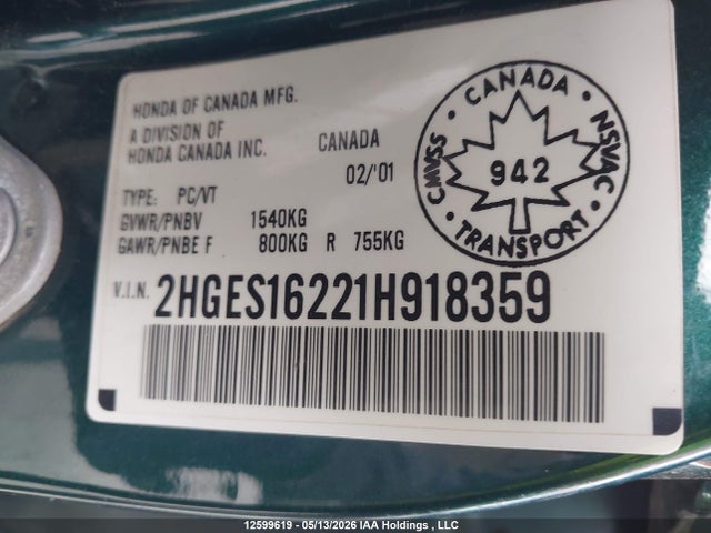 12599619 :رقم المزاد ، 2HGES16221H918359 vin ، 2001 Honda Civic Dx مزاد بيع