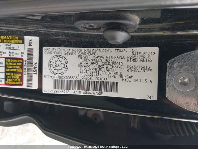 Продажа на аукционе авто 2012 Toyota Tacoma Double Cab Long Bed, vin: 5TFMU4FN0CX005565, номер лота: 12599622