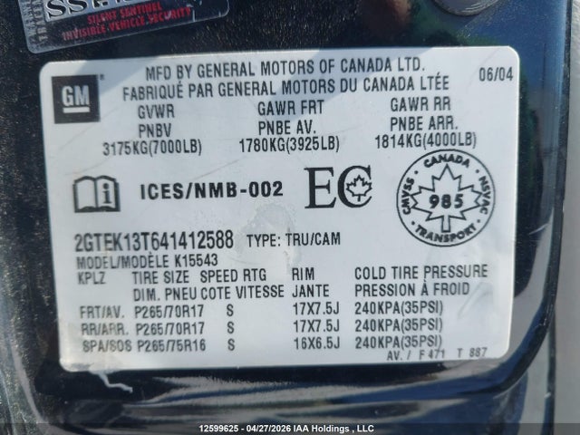 Aukcja sprzedaży 2004 Gmc Sierra 1500 Sle/slt, vin: 2GTEK13T641412588, numer aukcji: 12599625