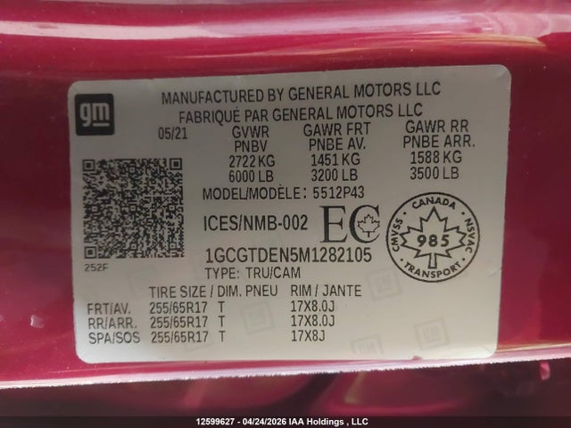 Aukcja sprzedaży 2021 Chevrolet Colorado Z71, vin: 1GCGTDEN5M1282105, numer aukcji: 12599627