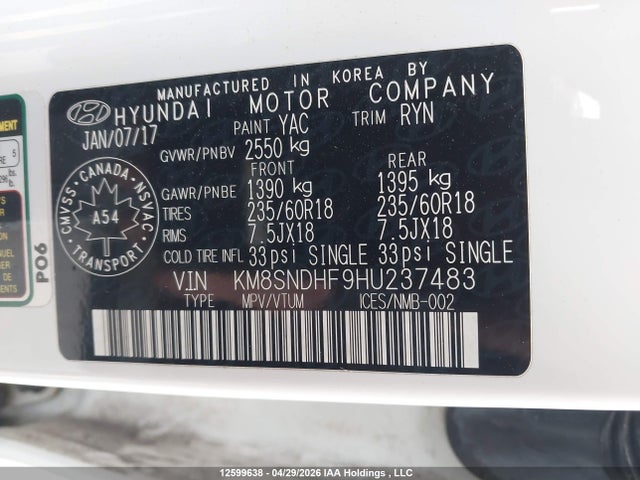 KM8SNDHF9HU237483 Hyundai Santa Fe Se/limited