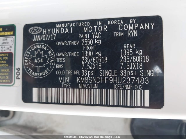 KM8SNDHF9HU237483 Hyundai Santa Fe Se/limited
