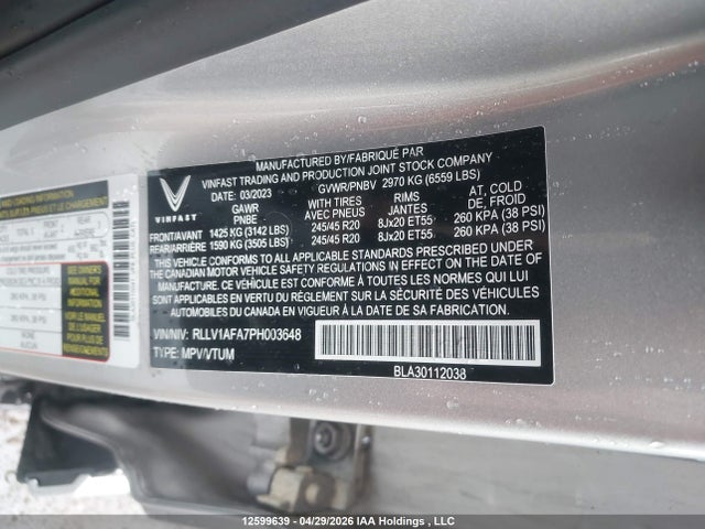 Продажа на аукционе авто 2023 Vinfast Vf 8, vin: RLLV1AFA7PH003648, номер лота: 12599639