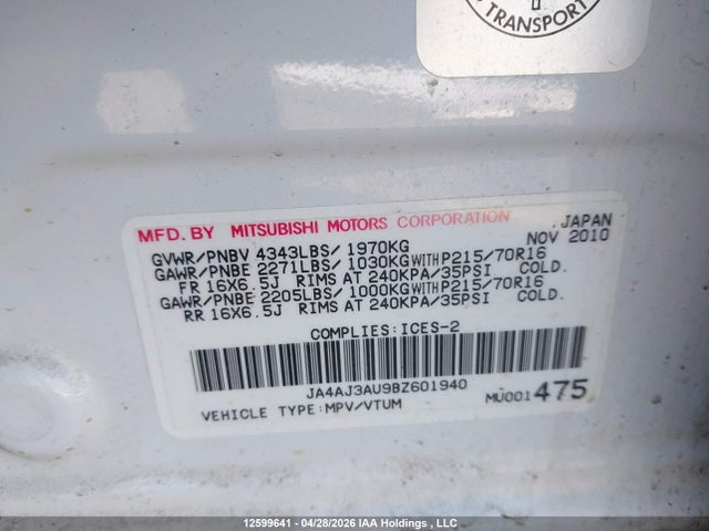2011 Mitsubishi Rvr Se მანქანა იყიდება აუქციონზე, vin: JA4AJ3AU9BZ601940, აუქციონის ნომერი: 12599641