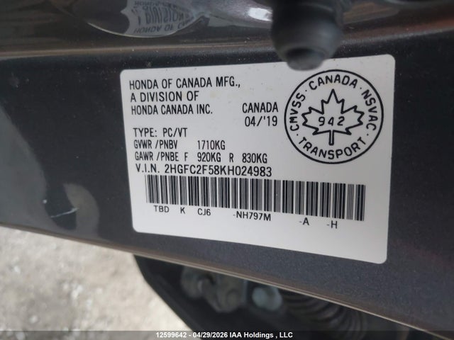 Продаж на аукціоні авто 2019 Honda Civic, vin: 2HGFC2F58KH024983, номер лоту: 12599642
