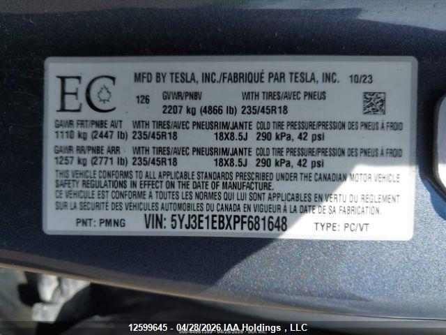 Aukcja sprzedaży 2023 Tesla Model 3, vin: 5YJ3E1EBXPF681648, numer aukcji: 12599645