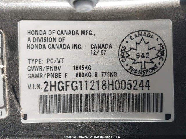 Aukcja sprzedaży 2008 Honda Civic Dx, vin: 2HGFG11218H005244, numer aukcji: 12599650