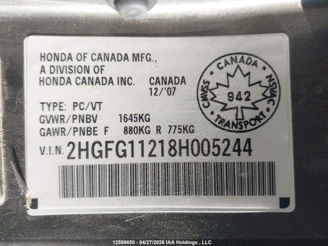 Aukcja sprzedaży 2008 Honda Civic Dx, vin: 2HGFG11218H005244, numer aukcji: 12599650
