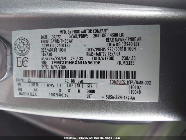1FMCU9H6XNUA56196 Ford Escape