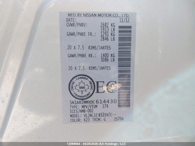 Aukcja sprzedaży 2013 Nissan Pathfinder S/sv/sl/platinum, vin: 5N1AR2MMXDC614430, numer aukcji: 12599664