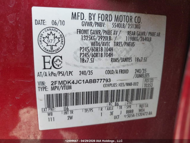 12599667 :رقم المزاد ، 2FMDK4JC1ABB77793 vin ، 2010 Ford Edge Sel مزاد بيع