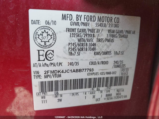 12599667 :رقم المزاد ، 2FMDK4JC1ABB77793 vin ، 2010 Ford Edge Sel مزاد بيع