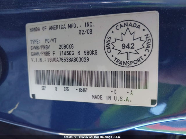 Продажа на аукционе авто 2008 Acura Tl Type S, vin: 19UUA76538A803029, номер лота: 12599670