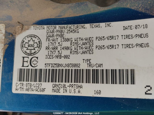 5TFDZ5BNXJX038082 Toyota Tacoma Sr5