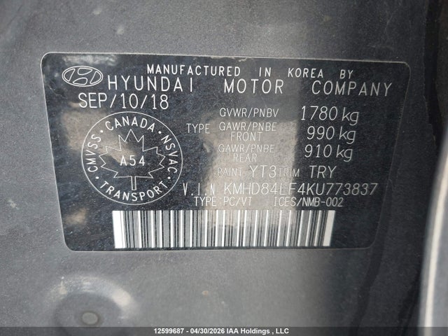 12599687 :رقم المزاد ، KMHD84LF4KU773837 vin ، 2019 Hyundai Elantra Sel/value/limited مزاد بيع