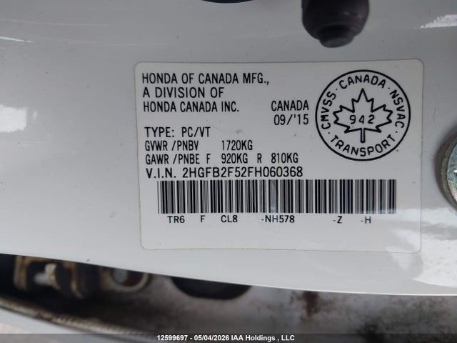 Продаж на аукціоні авто 2015 Honda Civic Lx, vin: 2HGFB2F52FH060368, номер лоту: 12599697