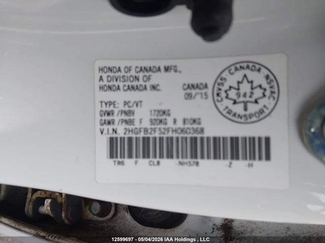 Продаж на аукціоні авто 2015 Honda Civic Lx, vin: 2HGFB2F52FH060368, номер лоту: 12599697