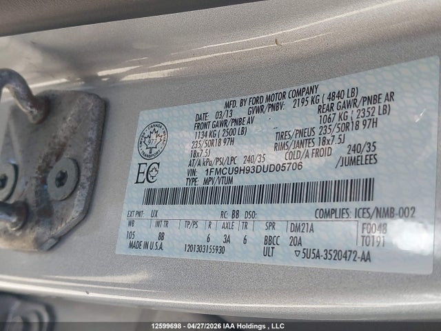 Продажа на аукционе авто 2013 Ford Escape Sel, vin: 1FMCU9H93DUD05706, номер лота: 12599698