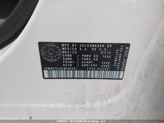 Продажа на аукционе авто 2012 Volkswagen Jetta, vin: 3VWDK7AJ0CM368561, номер лота: 12599701